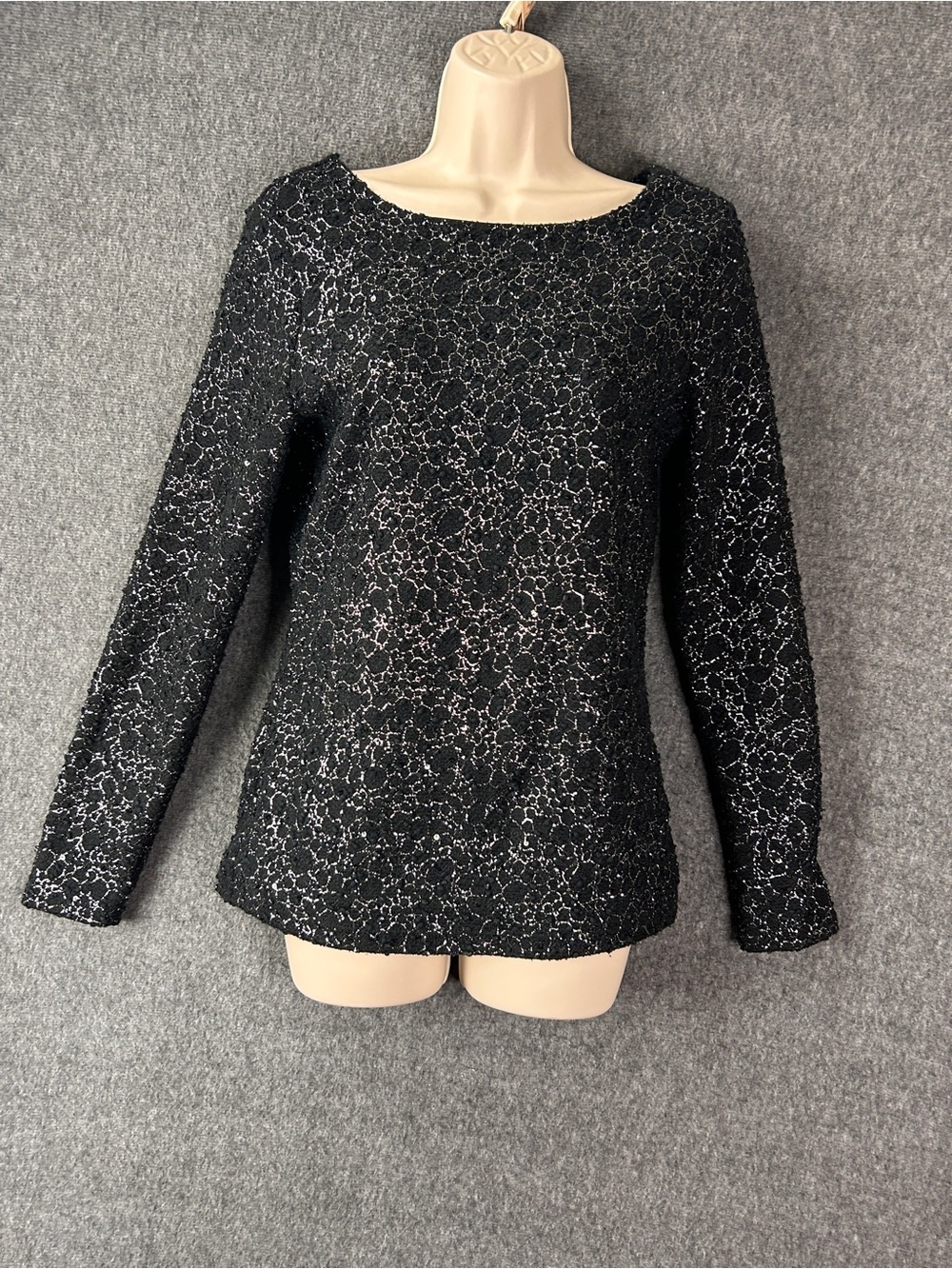Jennifer Lopez Blouse Womens Small Black Lace Glitter Long Sleeve V Back Top